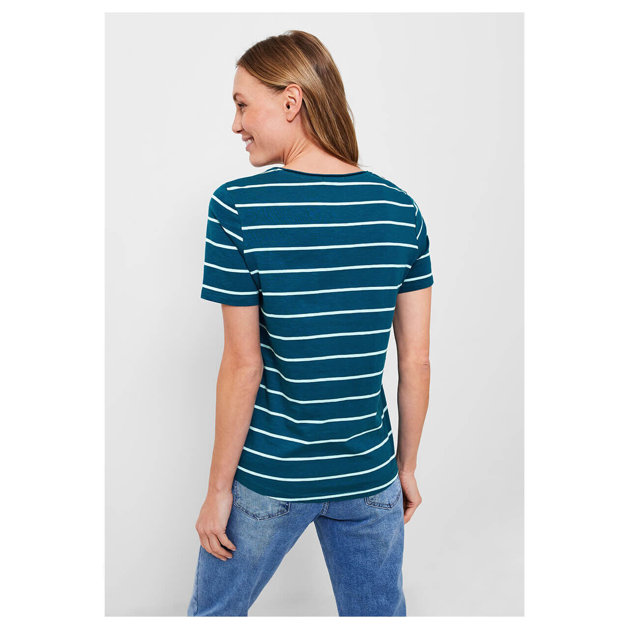 Cecil Stripe Rounded V-Neck T-Shirt teal blue stripes