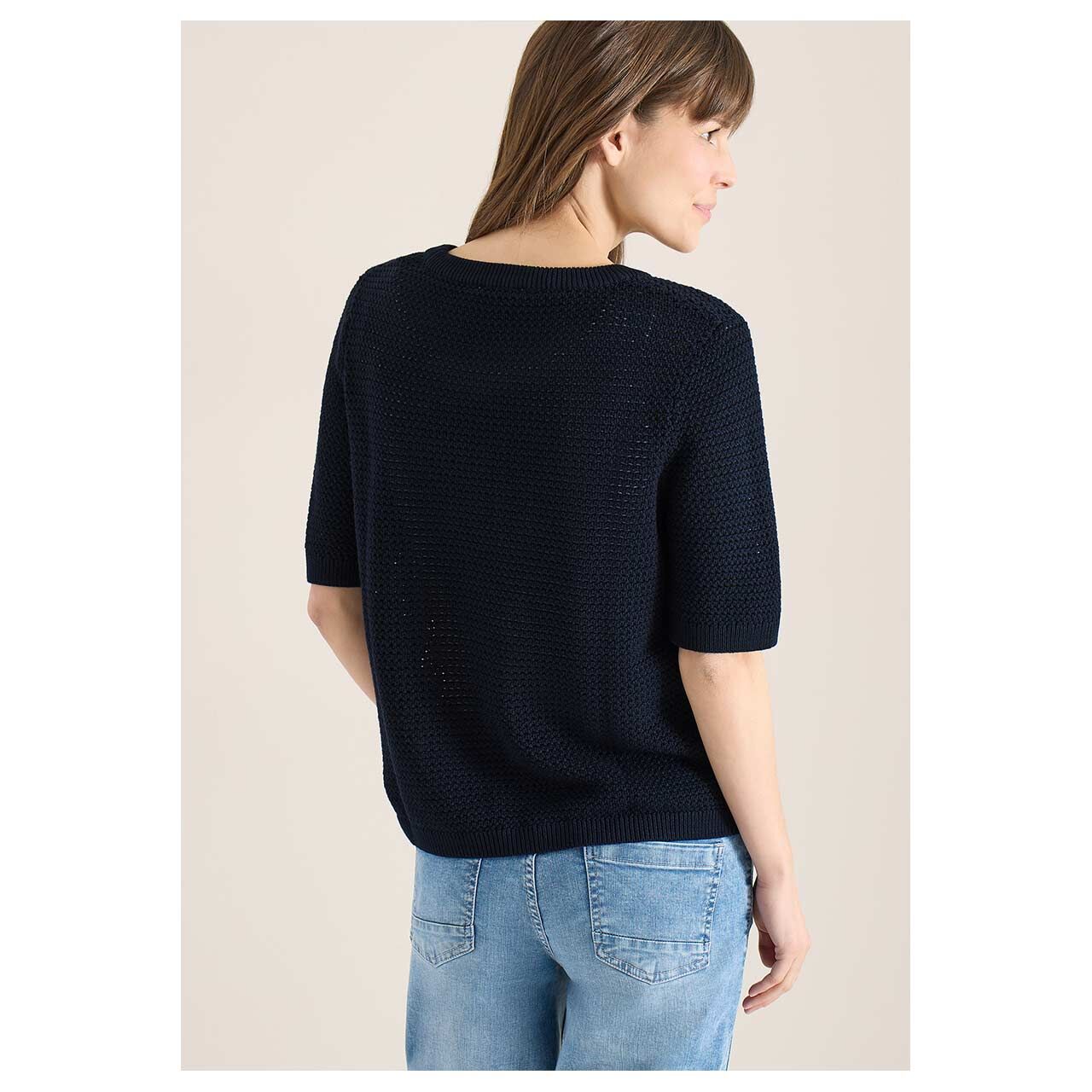 Damen Kurzarm Pullover Structured Roundneck von Cecil in Dunkelblau, Rückansicht am Model