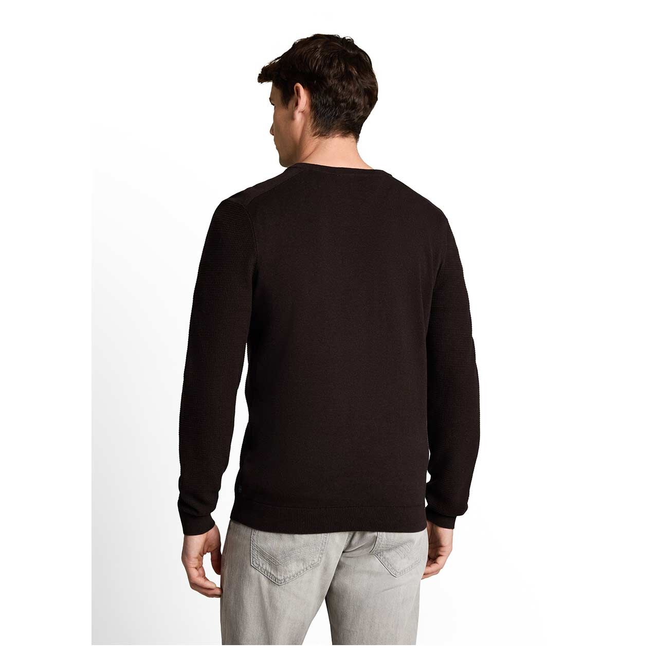 Herren Pullover Structured Crew Neck Knit von Tom Tailor in Dunkelbraun meliert, Rückansicht am Model