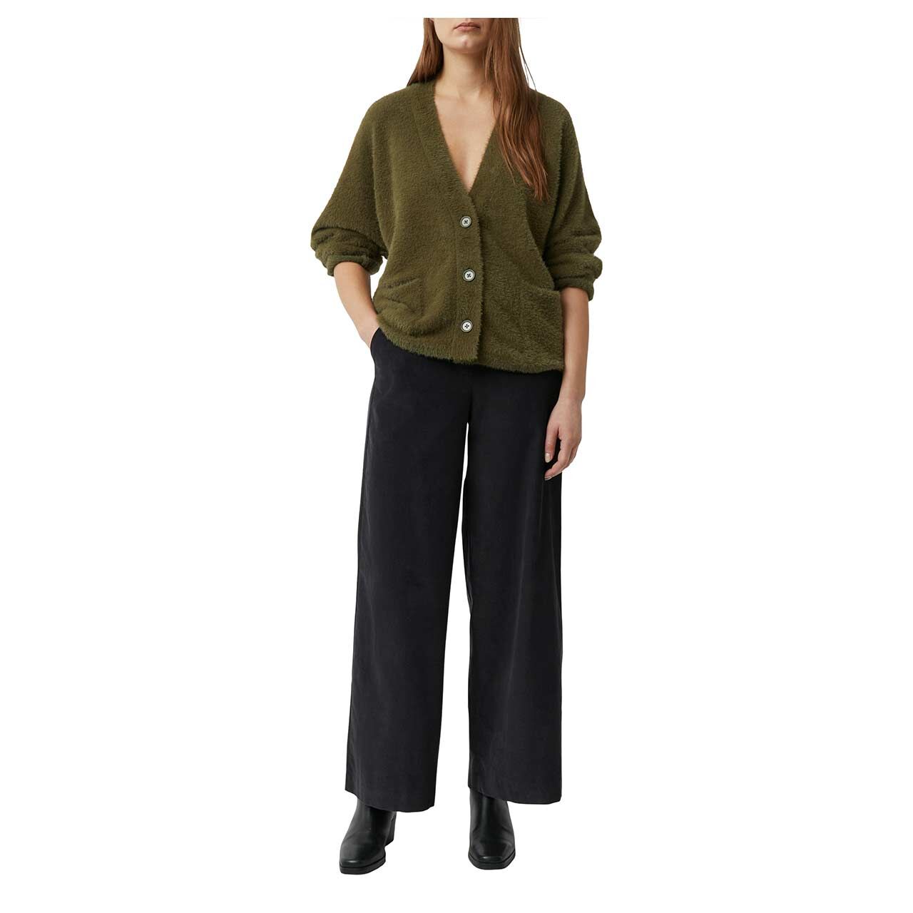 Damen Strickjacke von Comma in Olivgrün, Rückansicht Model