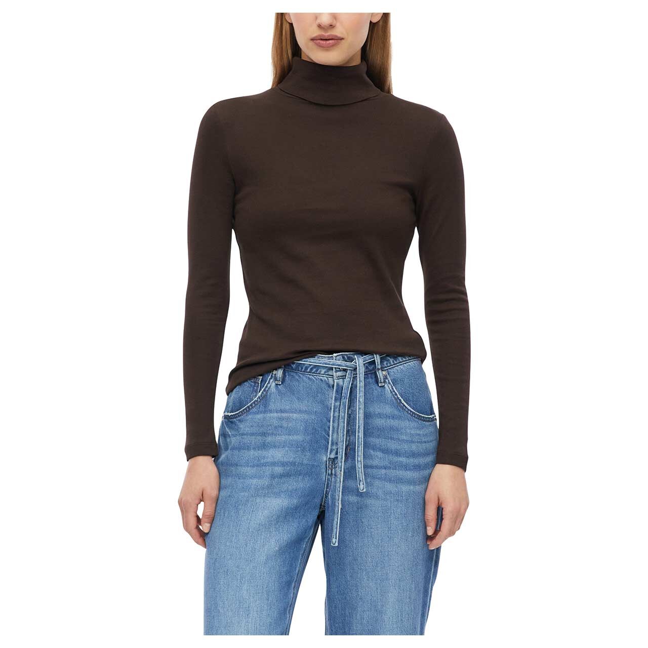 s.Oliver Damen Rollkragen Langarm Shirt in Dunkelbraun, Vorderansicht am Model