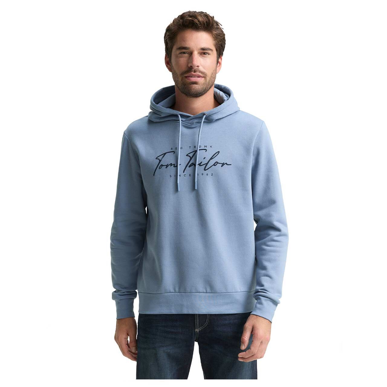 Herren Hoodie Sweatshirt von Tom Tailor in Hellblau mit Print, Vorderansicht am Model