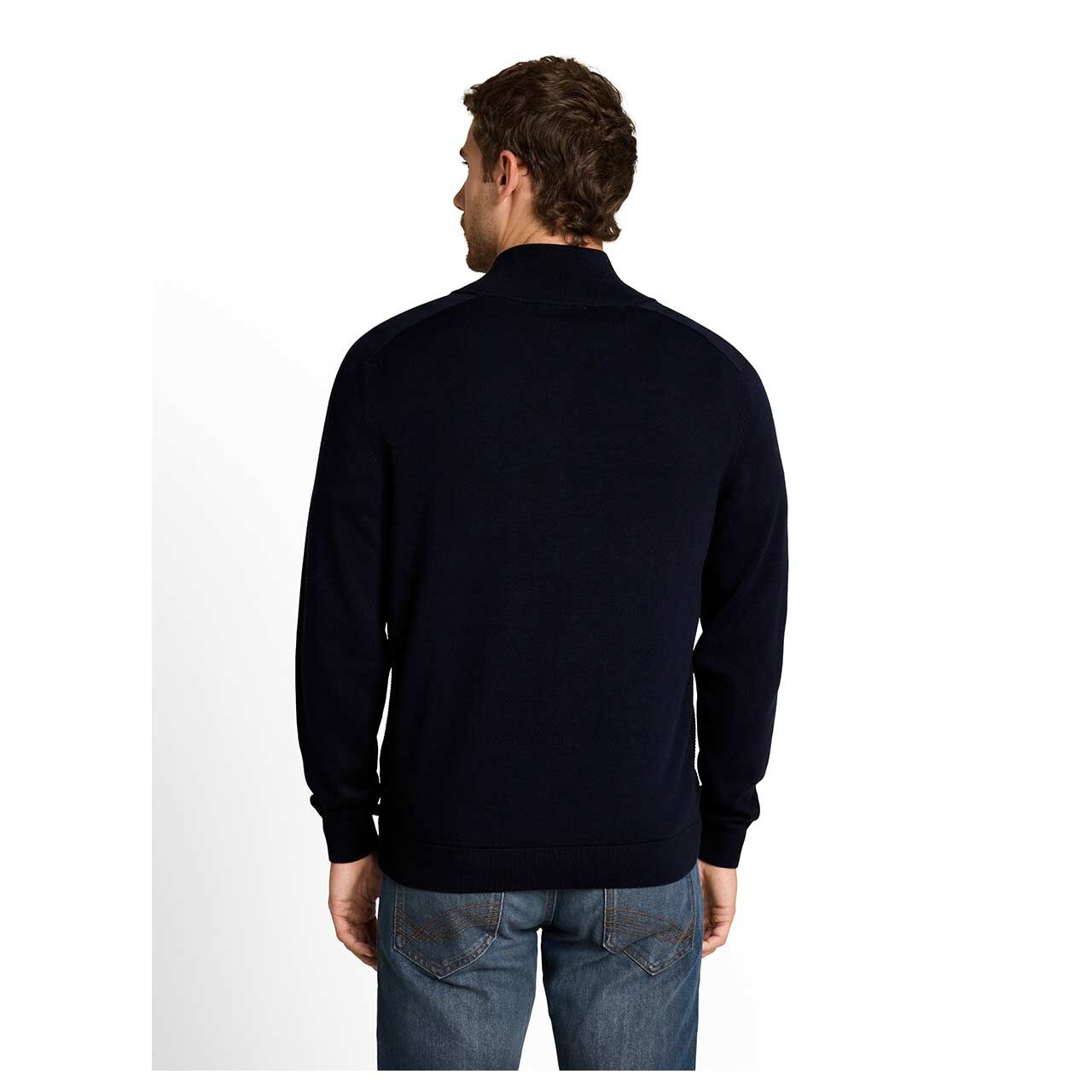 Herren Strickjacke Basic Zip Jacket Knit von Tom Tailor in Dunkelblau, Rückansicht am Model