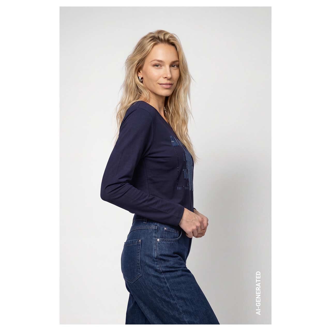 Damen Sweatshirt von Monari in Dunkelblau mit Print, Seitansicht am Model