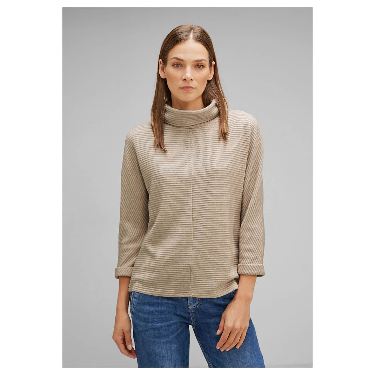 Street One Damen 3/4 Arm Rollkragen Pullover Structured Scarf sand melange