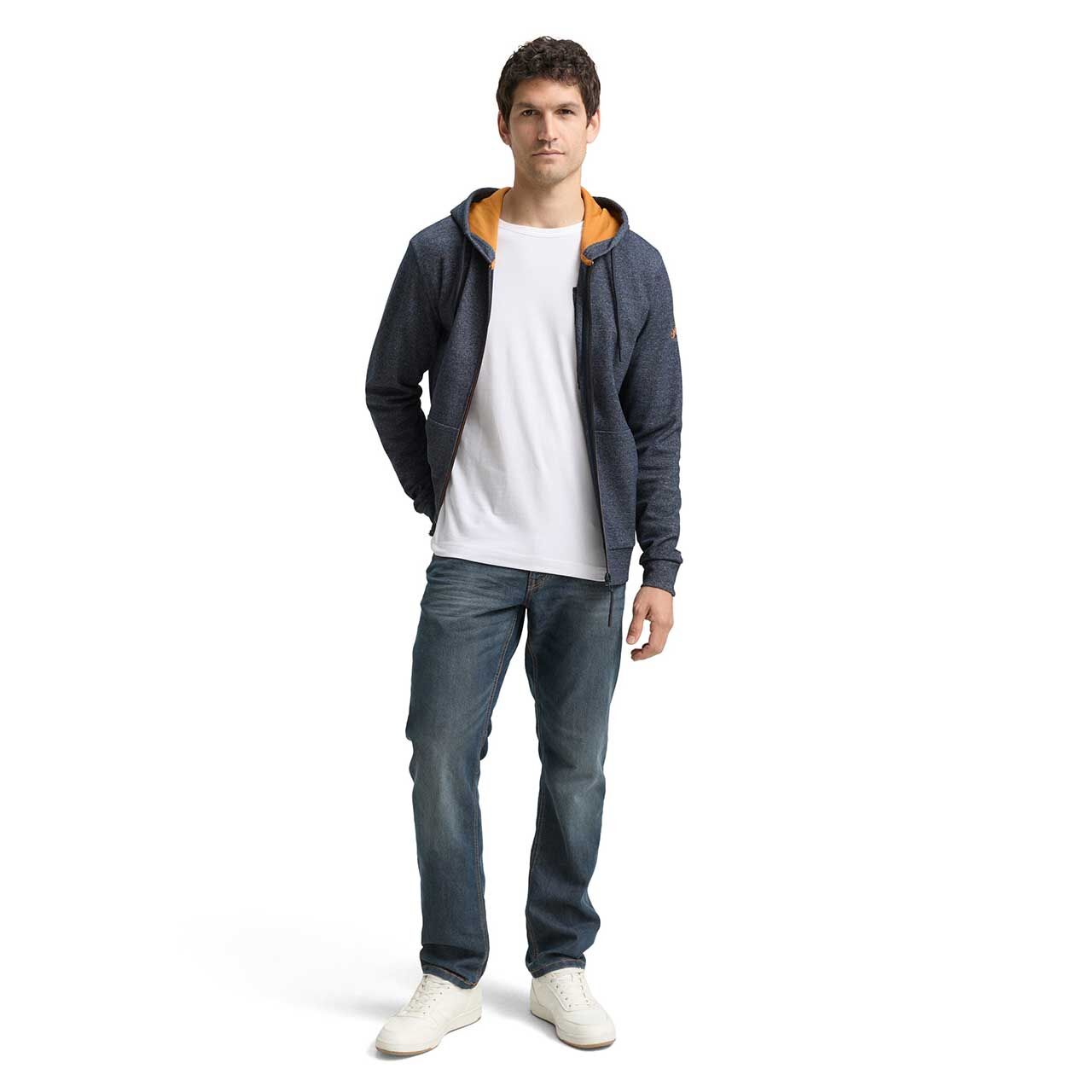 Herren Hoodie Sweatjacke von Tom Tailor in Dunkelblau meliert, Vorderansicht in der Totalen