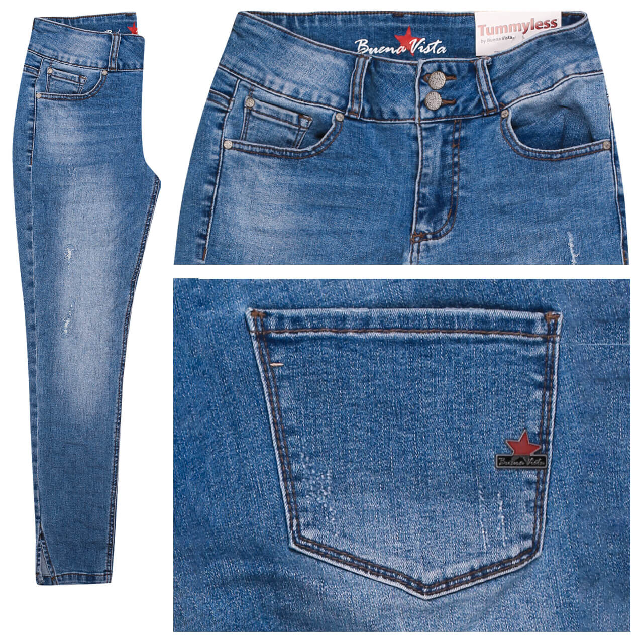 Buena Vista Jeans Tummyless 7/8 Stretch Denim für Damen in Blau angewaschen mit Destroyed-Effekten, FarbNr.: 3898