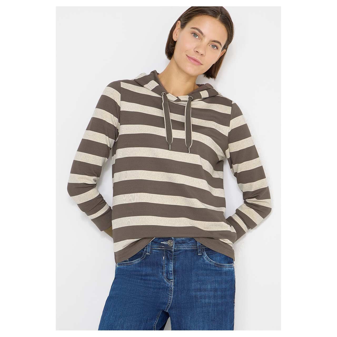 Damen Hoodie Sweatshirt von Cecil in Braun gestreift, detaillierte Vorderansicht am Model