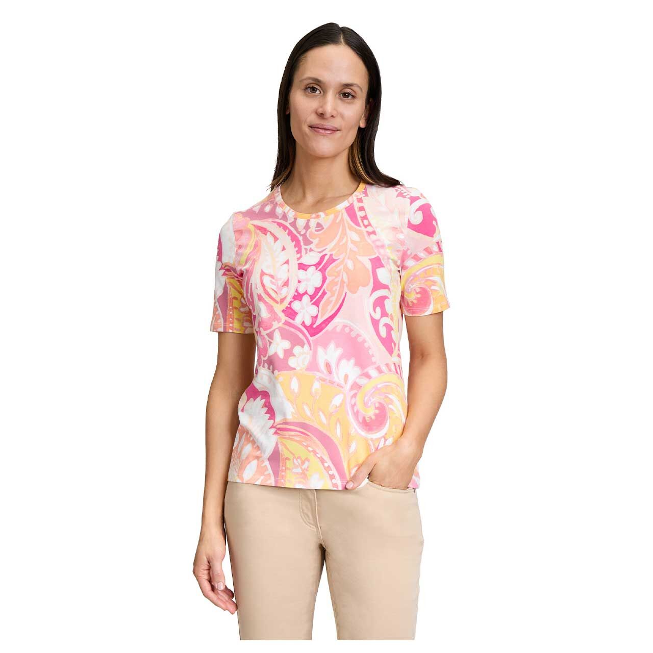 Damen T-Shirt von Betty Barclay in Rosa mit Print, Vorderansicht Oberkörper getragen