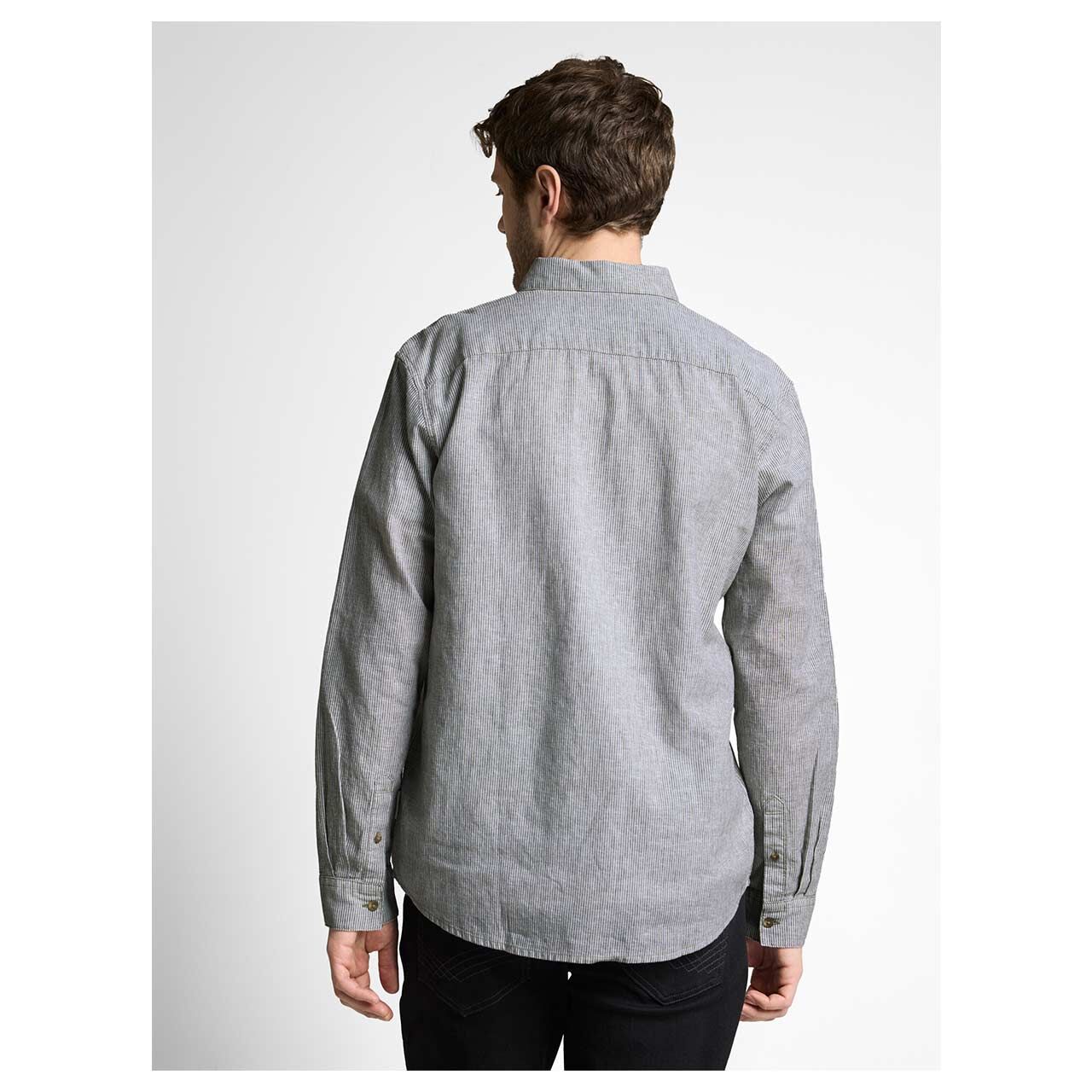 Herren Leinen Langarm Hemd von Tom Tailor in Grün-Grau gestreift, Rückansicht am Model