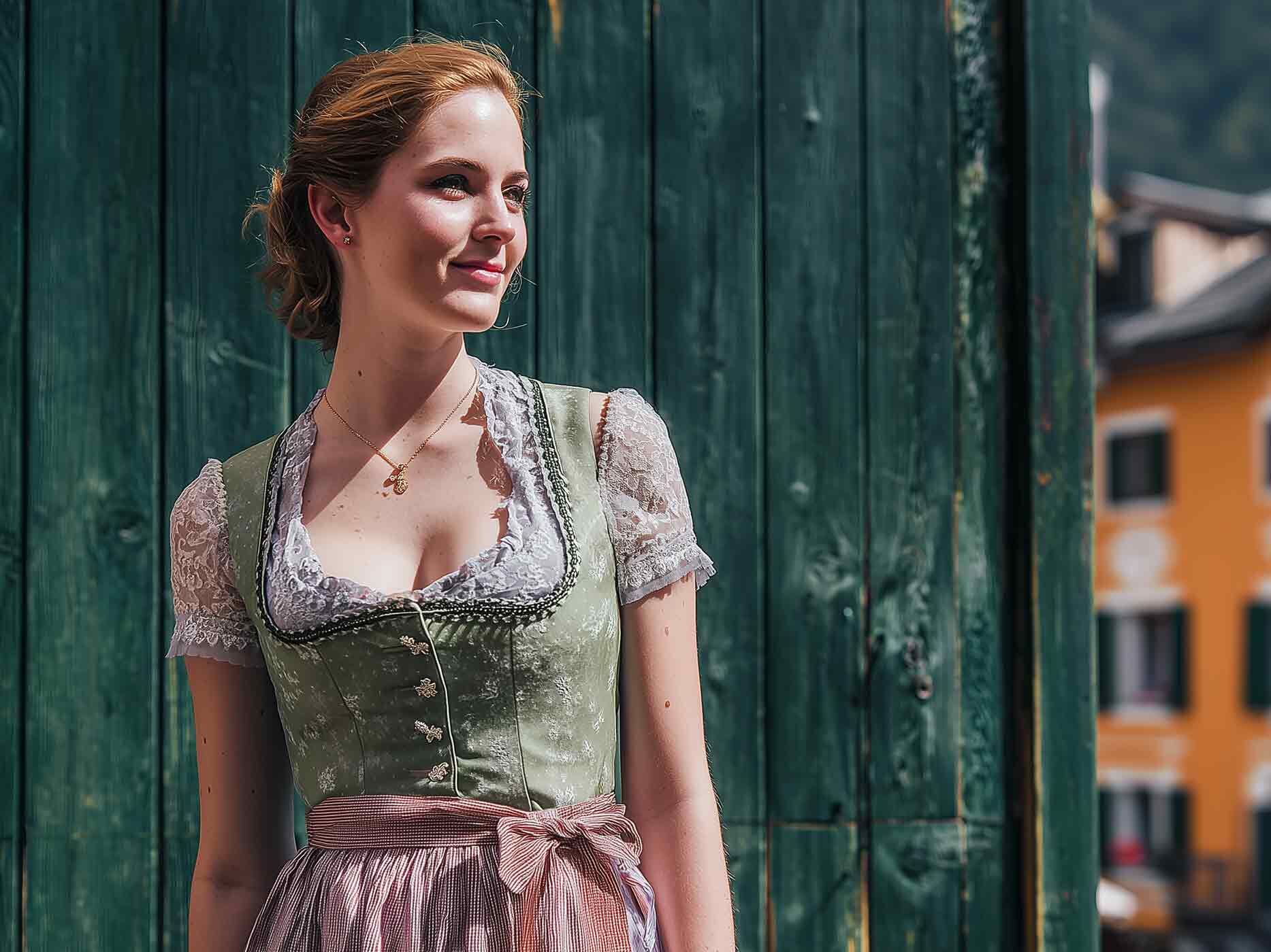 Eine Frau trägt eine weiße Bluse, ein grünes Dirndl-Oberteil, eine rot-weiß gestreifte Schürze und eine goldene Kette.