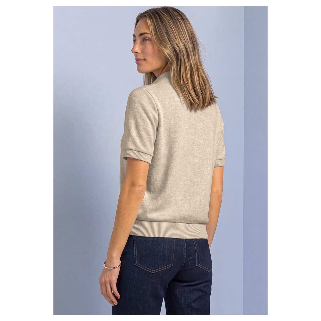 Damen Kurzarm Strickjacke Short Shawl Collar von Street One in Beige meliert, Rückansicht am Model