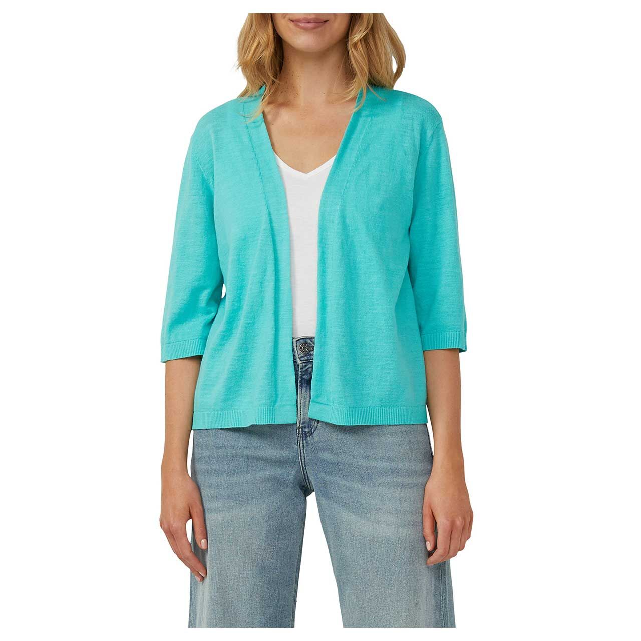 Damen 3/4 Arm Strickjacke von s.Oliver in Türkis, Nahansicht am Modell