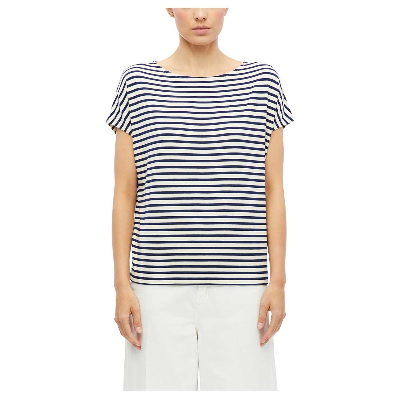 s. Oliver Damen T-Shirt in Dunkelblau gestreift, Vorderansicht am Model