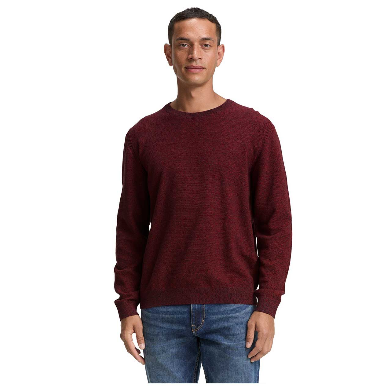 Herren Pullover Structured Crewneck Knit von Tom Tailor in Rot meliert, Vorderansicht am Model