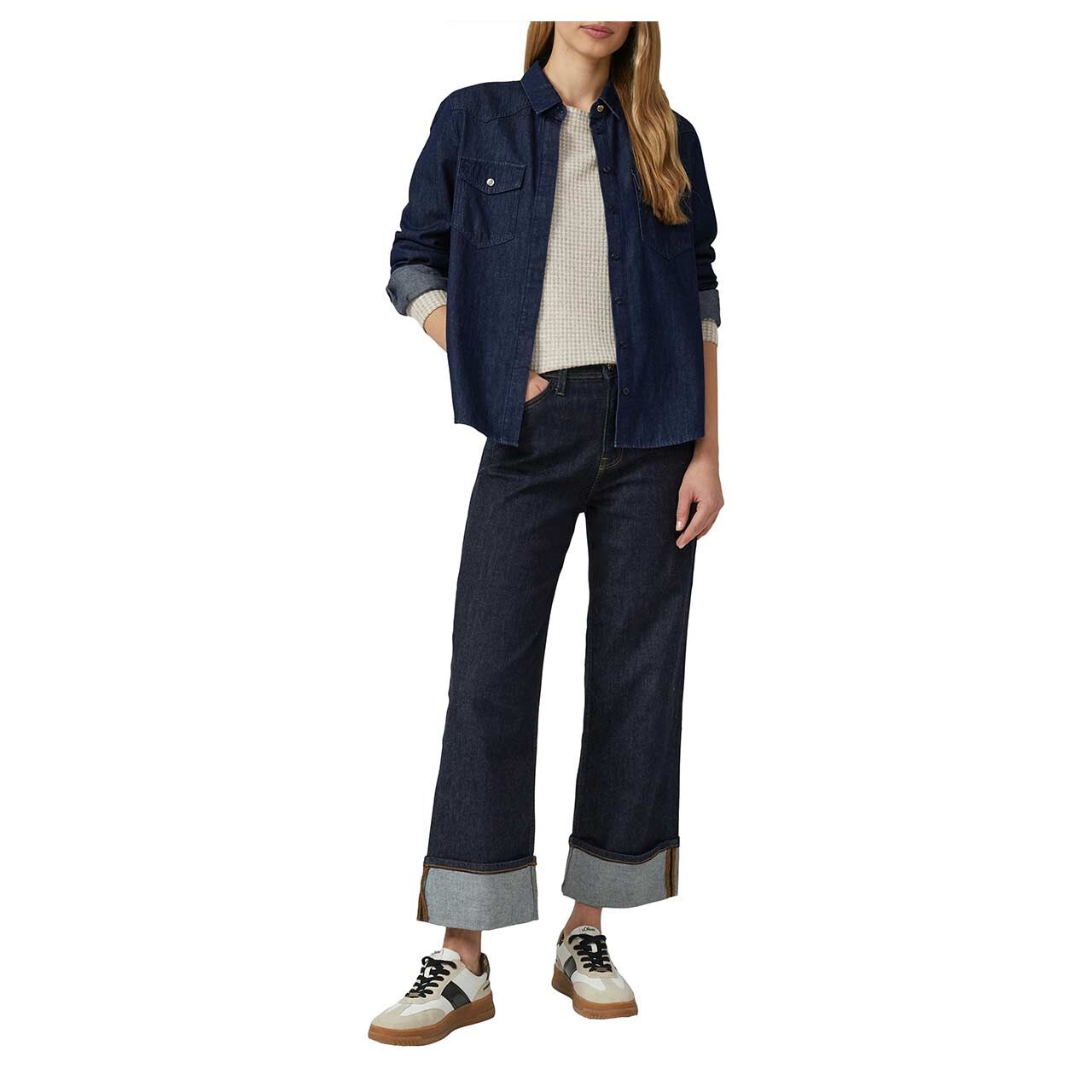 Damen Langarm Shirt von s.Oliver in Beige kariert, Ganzkörperansicht am Model