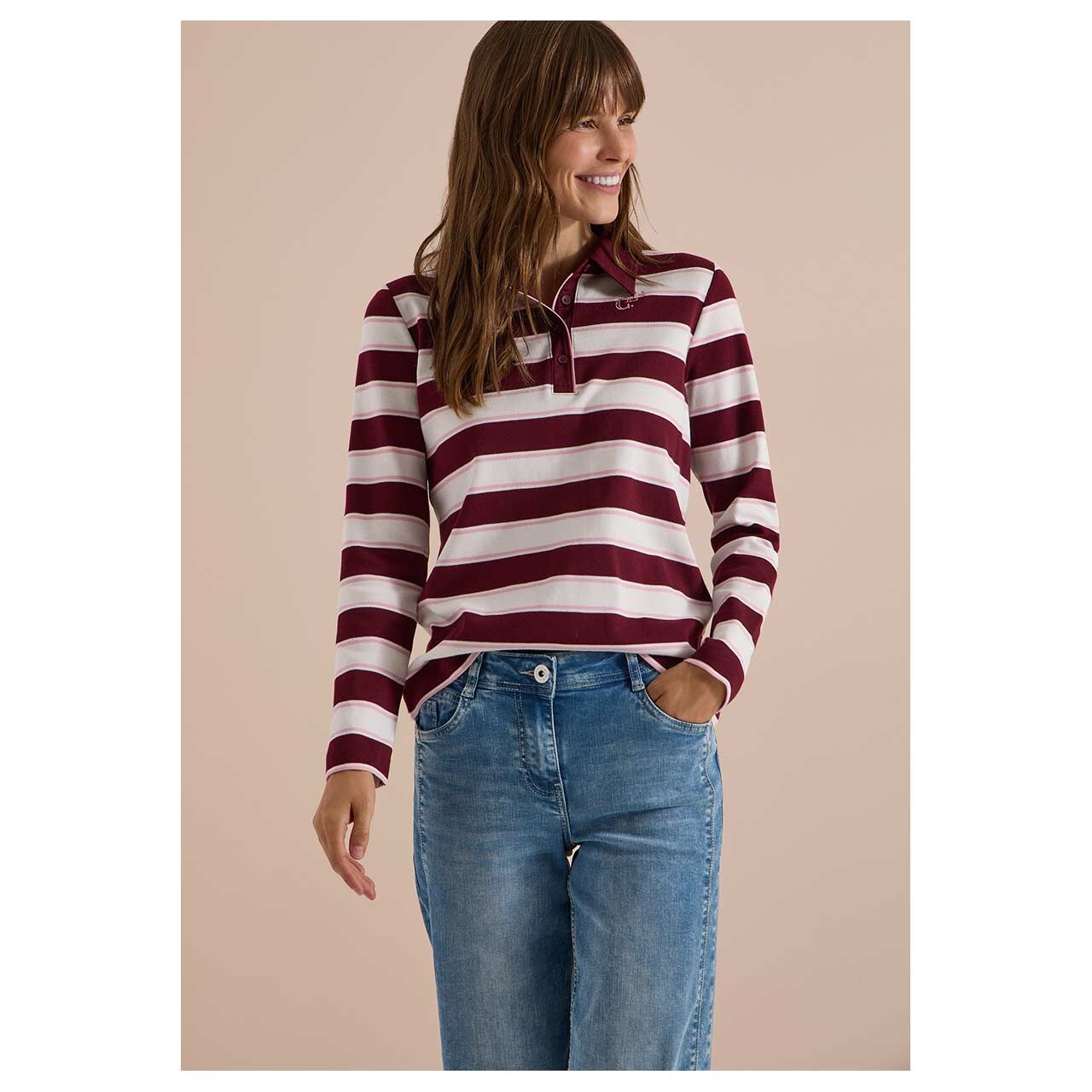 Damen Langarm Poloshirt Striped von Cecil in Weinrot gestreift, Vorderansicht am Model