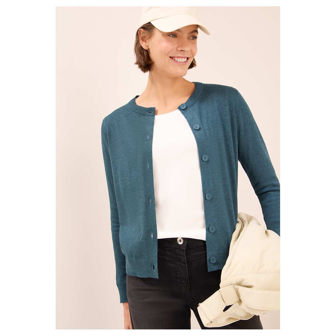 Damen Strickjacke Buttoned Cardigan von Cecil in Petrol meliert, Vorderansicht am Model