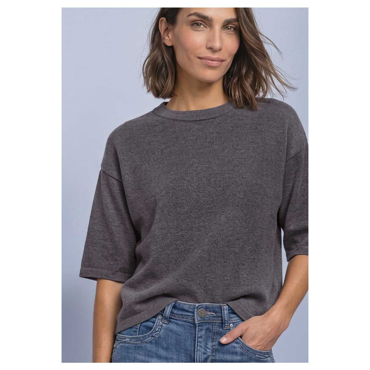 Damen Kurzarm Pullover Basic Sweater von Street One in Dunkelbraun meliert, Vorderansicht am Model