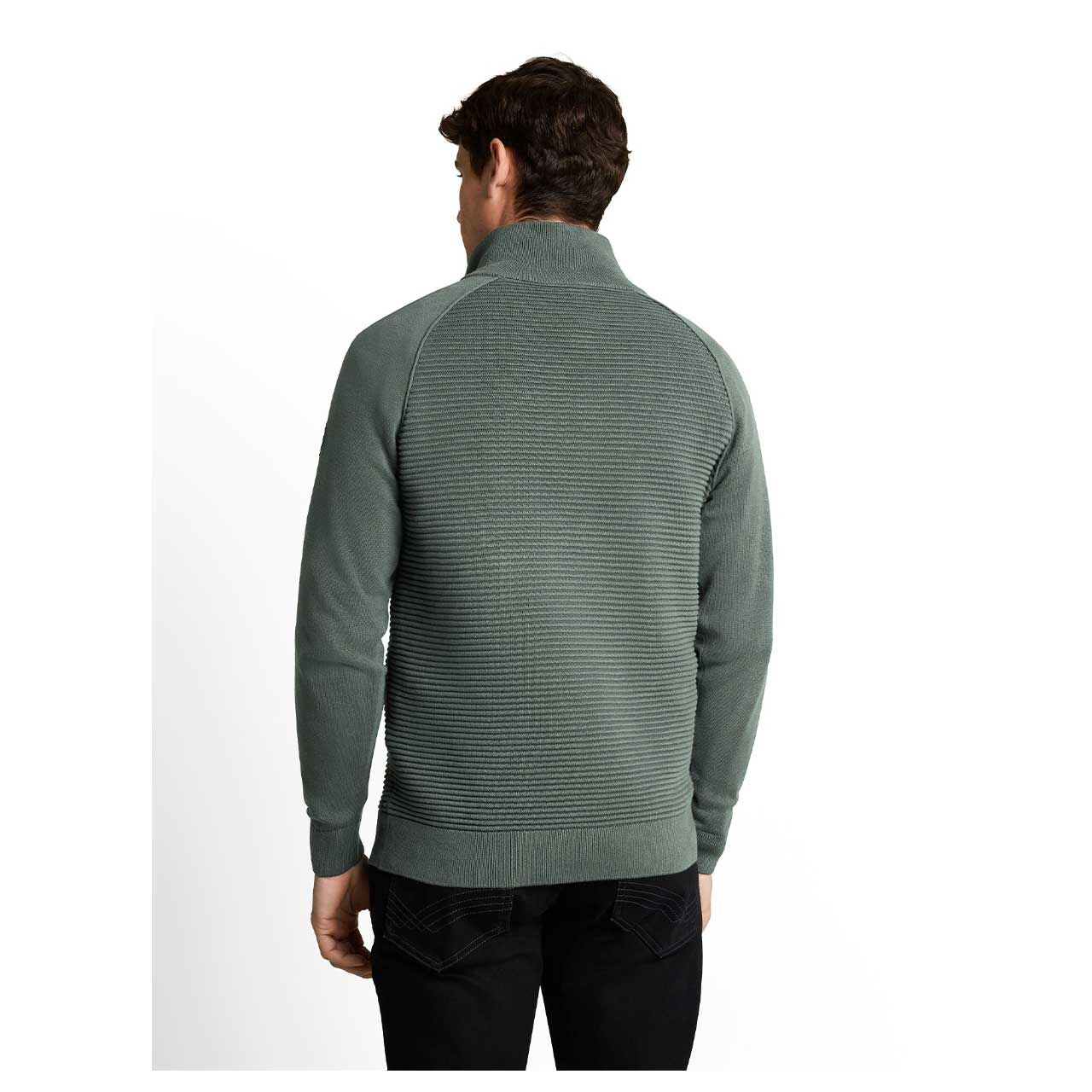 Herren Pullover Minimal Structured Knit Troyer von Tom Tailor in Olivgrün, Rückansicht am Model