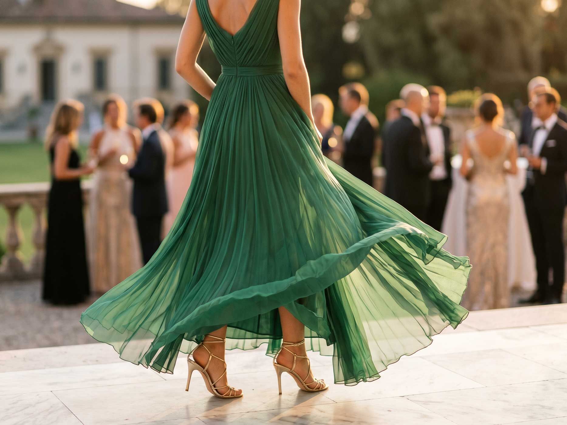 Ein gr&uuml;nes Plisseekleid wird elegant mit goldenen High Heels kombiniert.