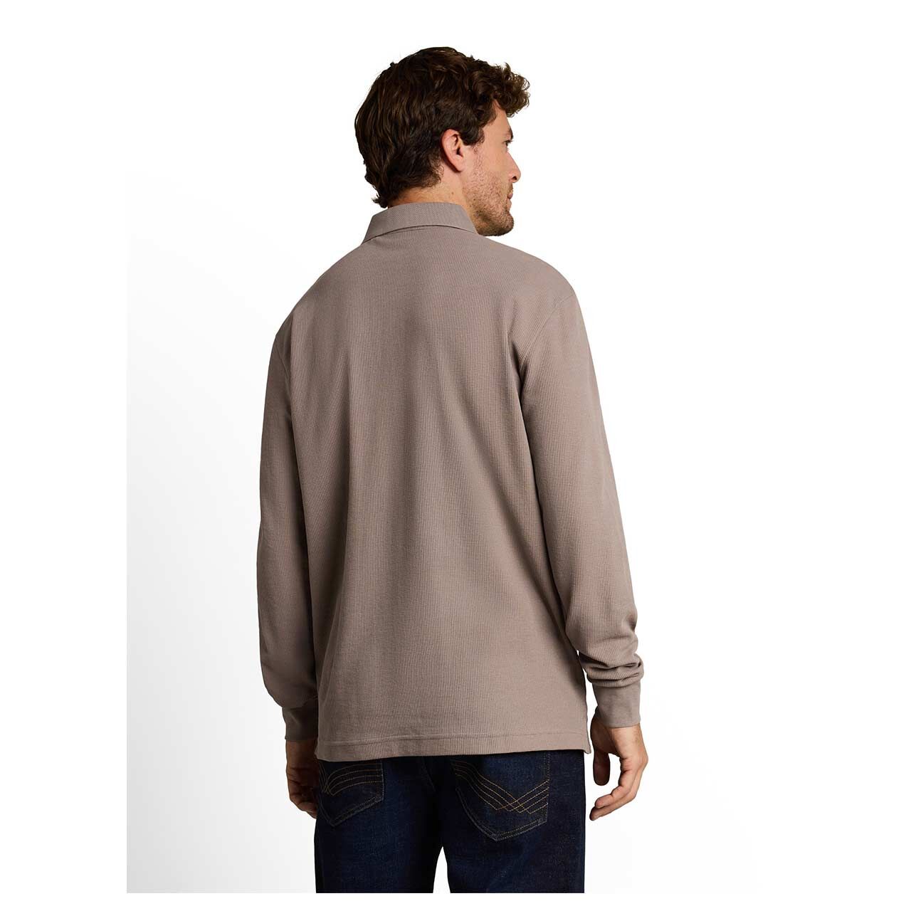 Herren Polo Langarmshirt Structured von Tom Tailor in Greige, Rückansicht am Model