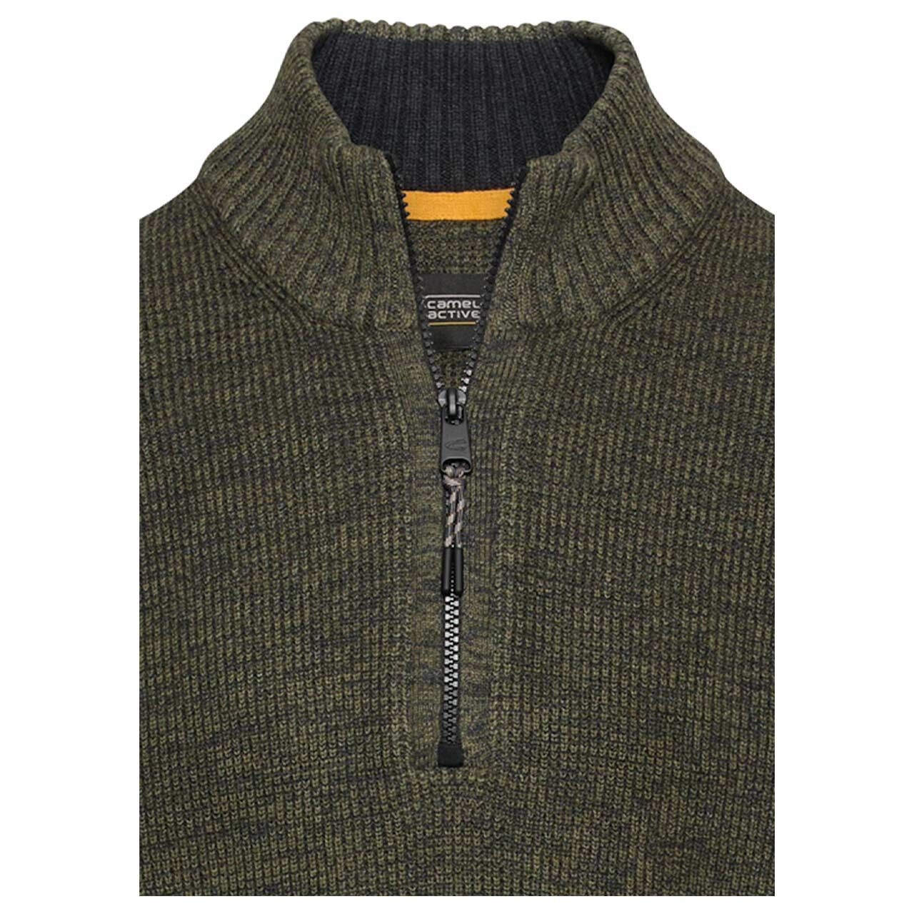 Herren Pullover Troyer von Camel active in der Farbe Dunkelgrün meliert, detaillierte Vorderansicht Kragen