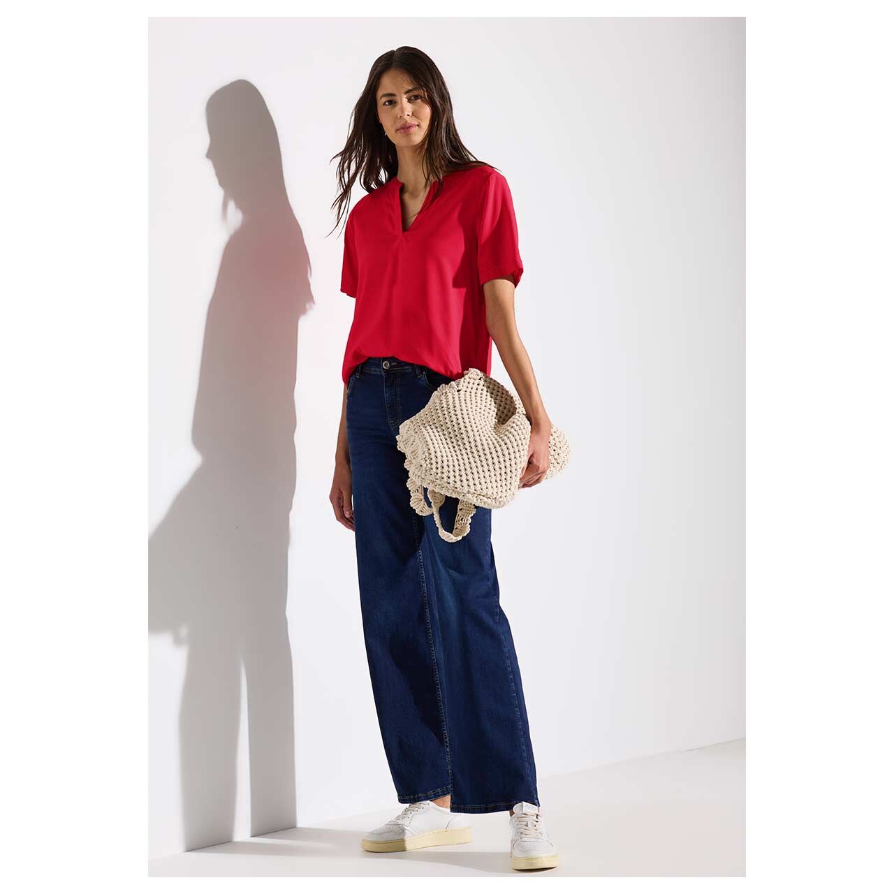 Street One Damen Kurzarm Bluse Splitneck glory red