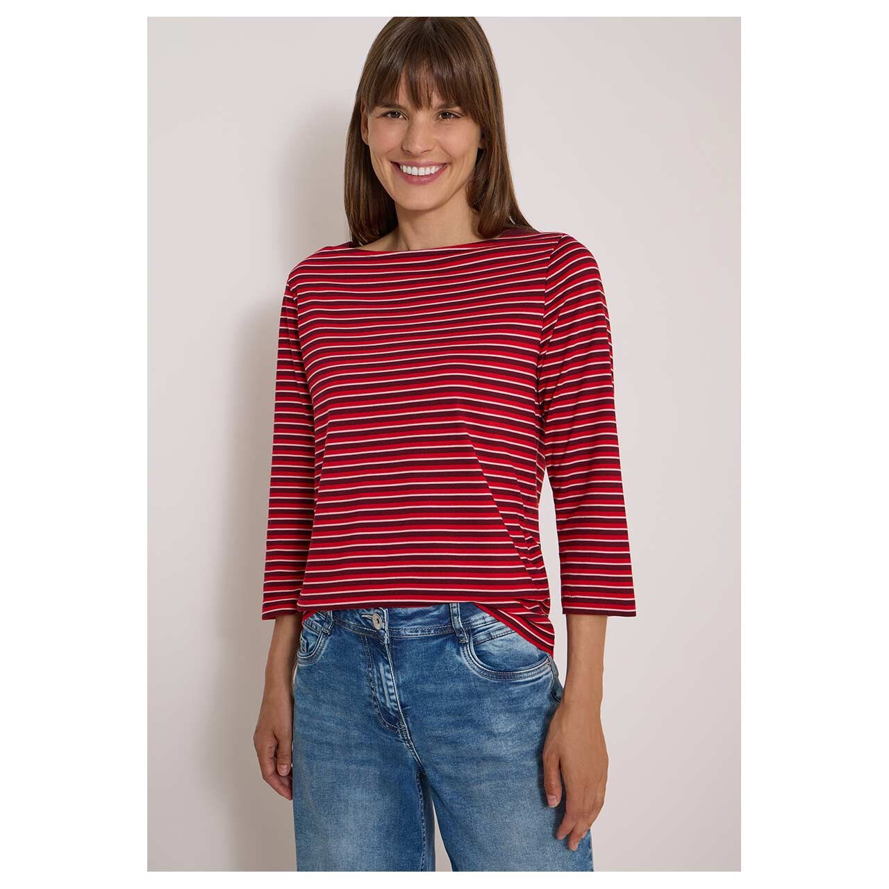 3/4 Arm Shirt Small Striped Boatneck von Cecil in Rot gestreift, Vorderansicht am Model