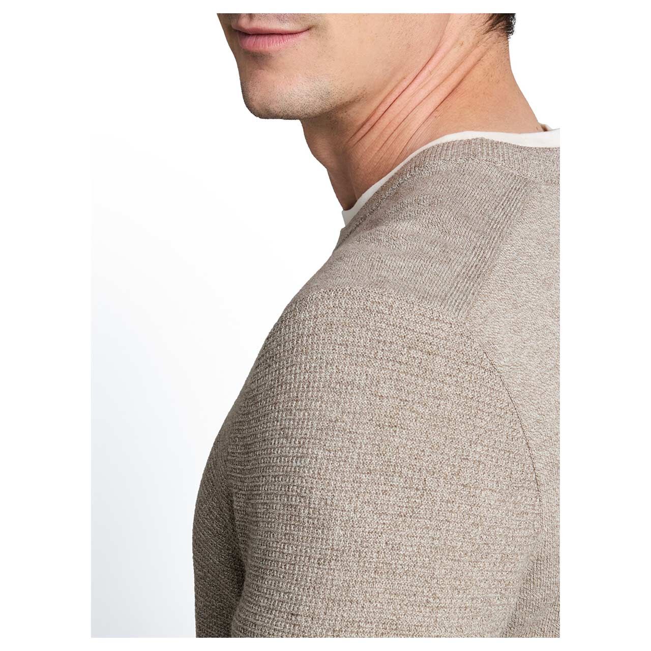 Herren Pullover Structured Crew Neck Knit von Tom Tailor in Beige meliert, detaillierte Vorderansicht am Model