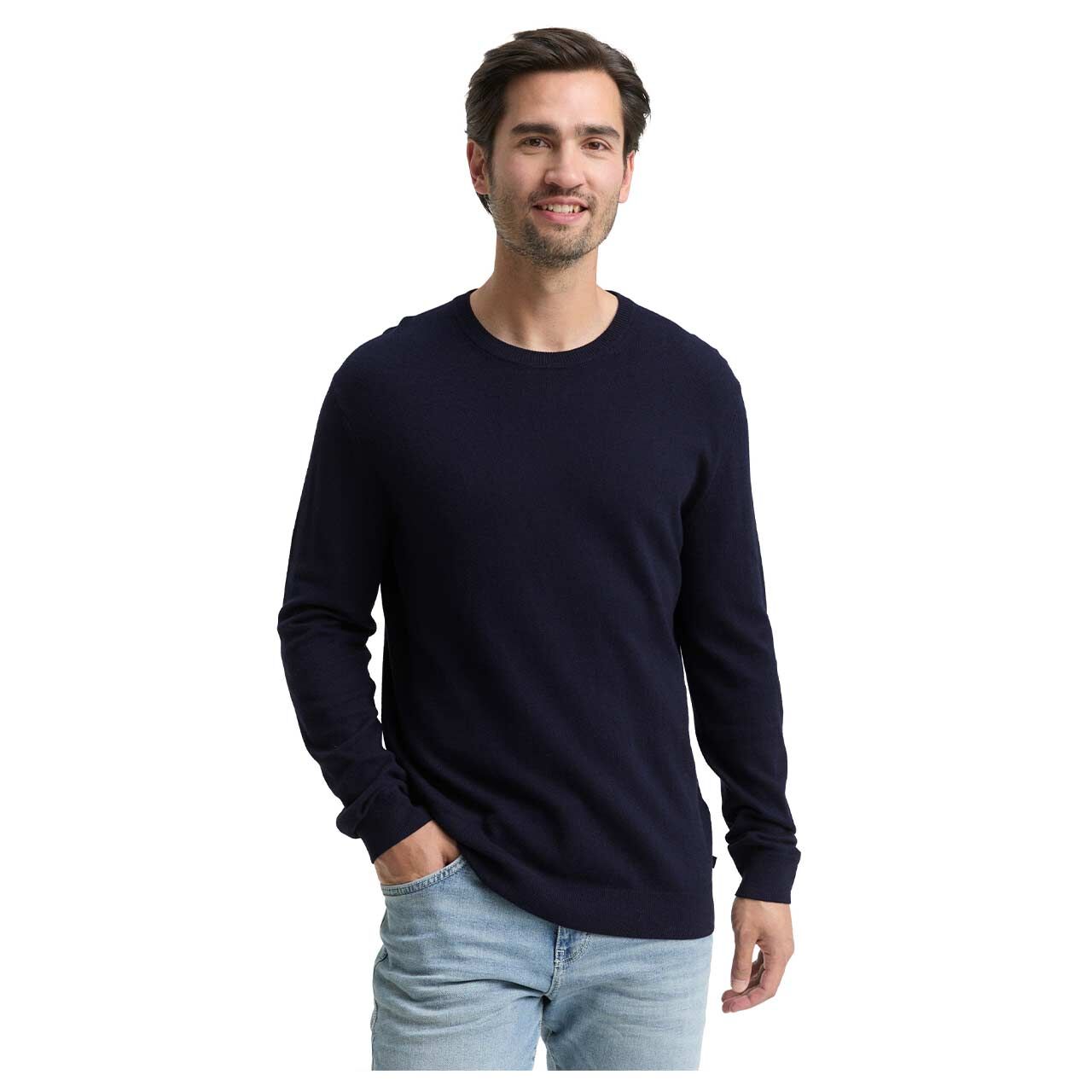 Herren Pullover Cashmere Crewneck Knit von Tom Tailor in Dunkelblau meliert, Vorderansicht am Model