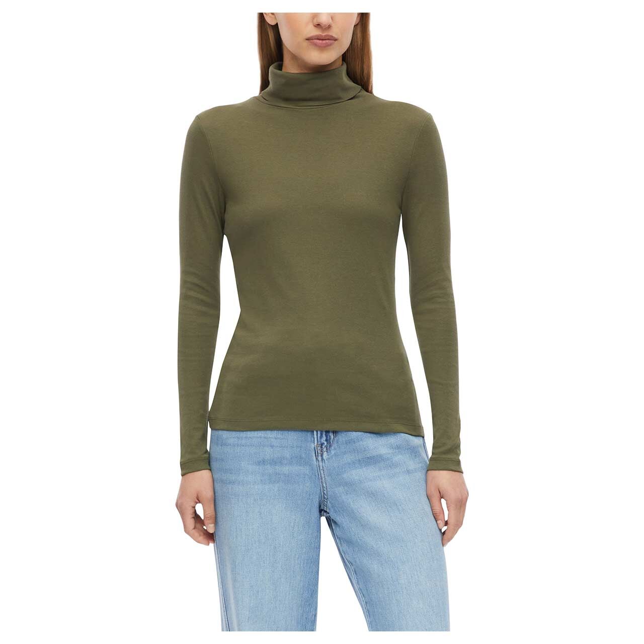 s.Oliver Damen Rollkragen Langarm Shirt in Olivgrün, Vorderansicht am Model