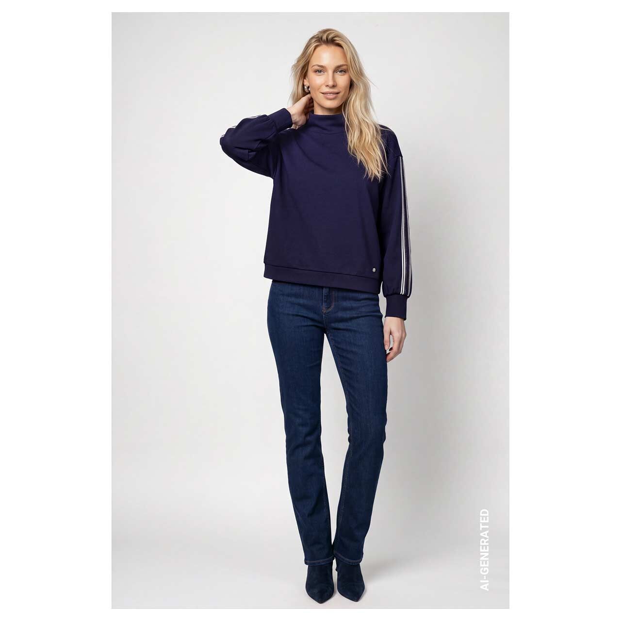 Damen Sweatshirt von Monari in Dunkelblau mit Strass, Ganzkörperansicht am Model