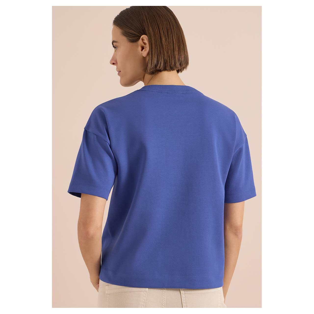 Damen Kurzarm Sweatshirt Embroidery von Cecil in Blau mit Print, Rückansicht am Model