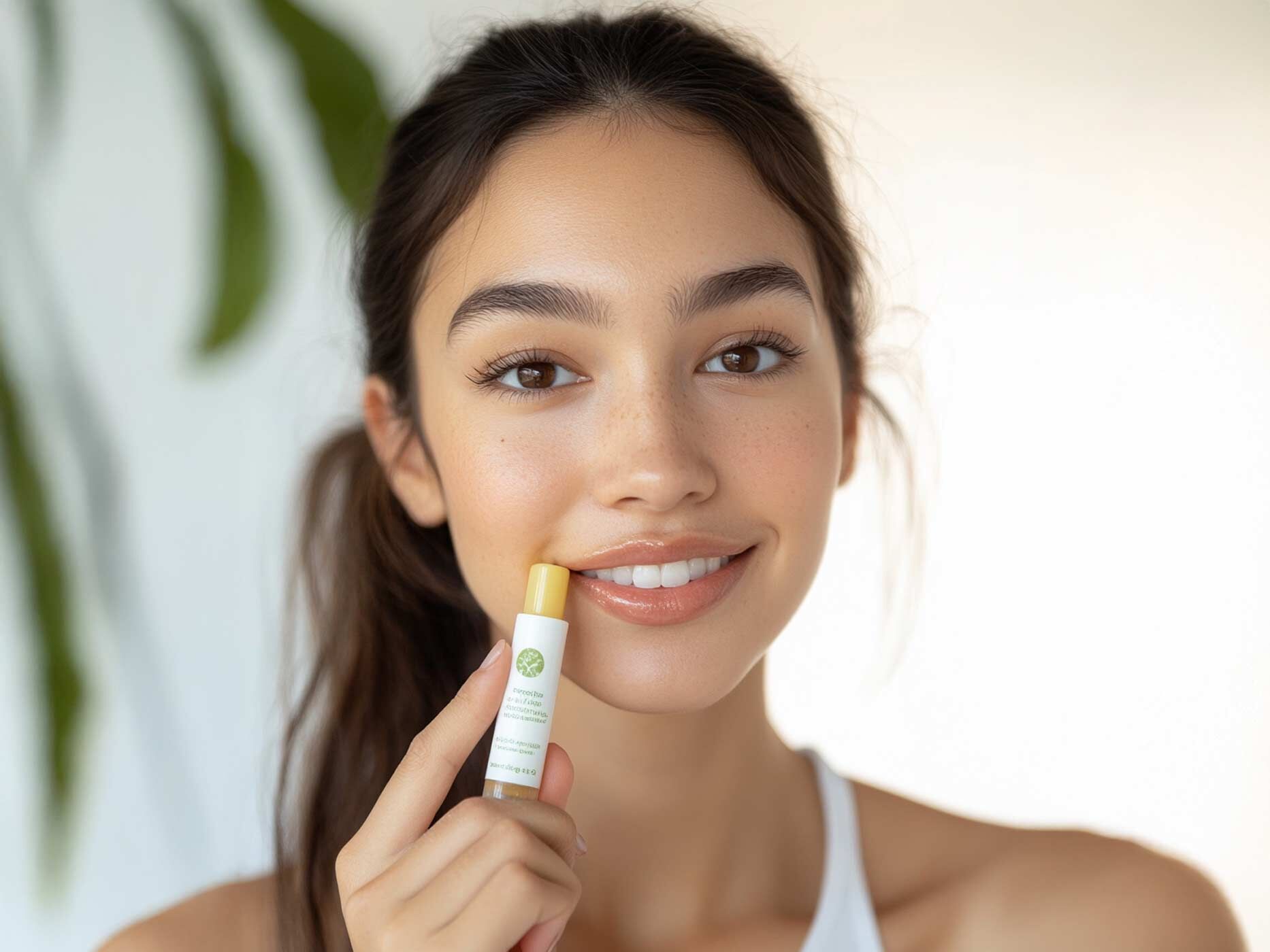 Eine Frau trägt einen Lippenbalsam auf ihre Lippen auf.