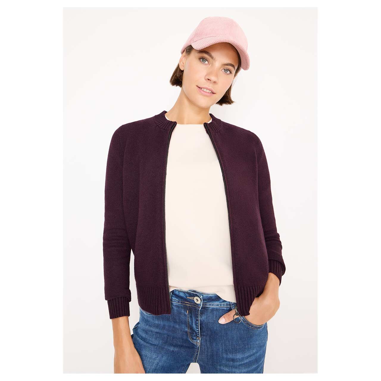 Damen Strickjacke Cosy Zipper Cardigan von Cecil in Lila meliert, geöffnete Vorderansicht am Model