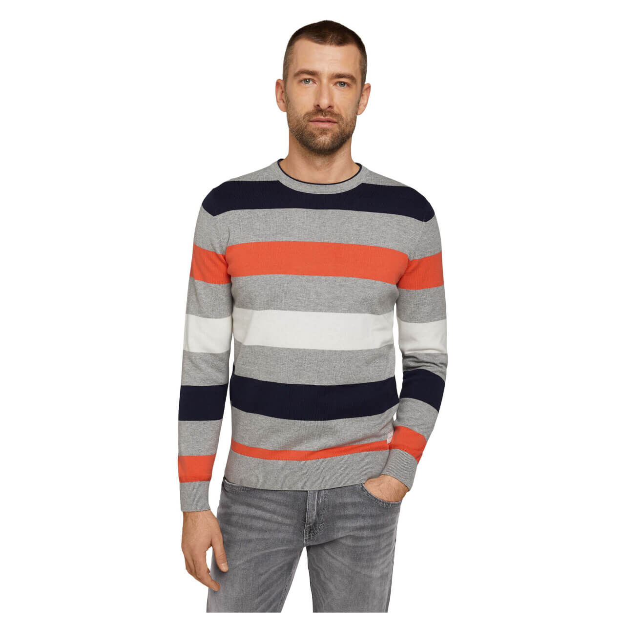 Tom Tailor Striped Crew-neck Pullover für Herren in Grau gestreift, FarbNr.: 29459