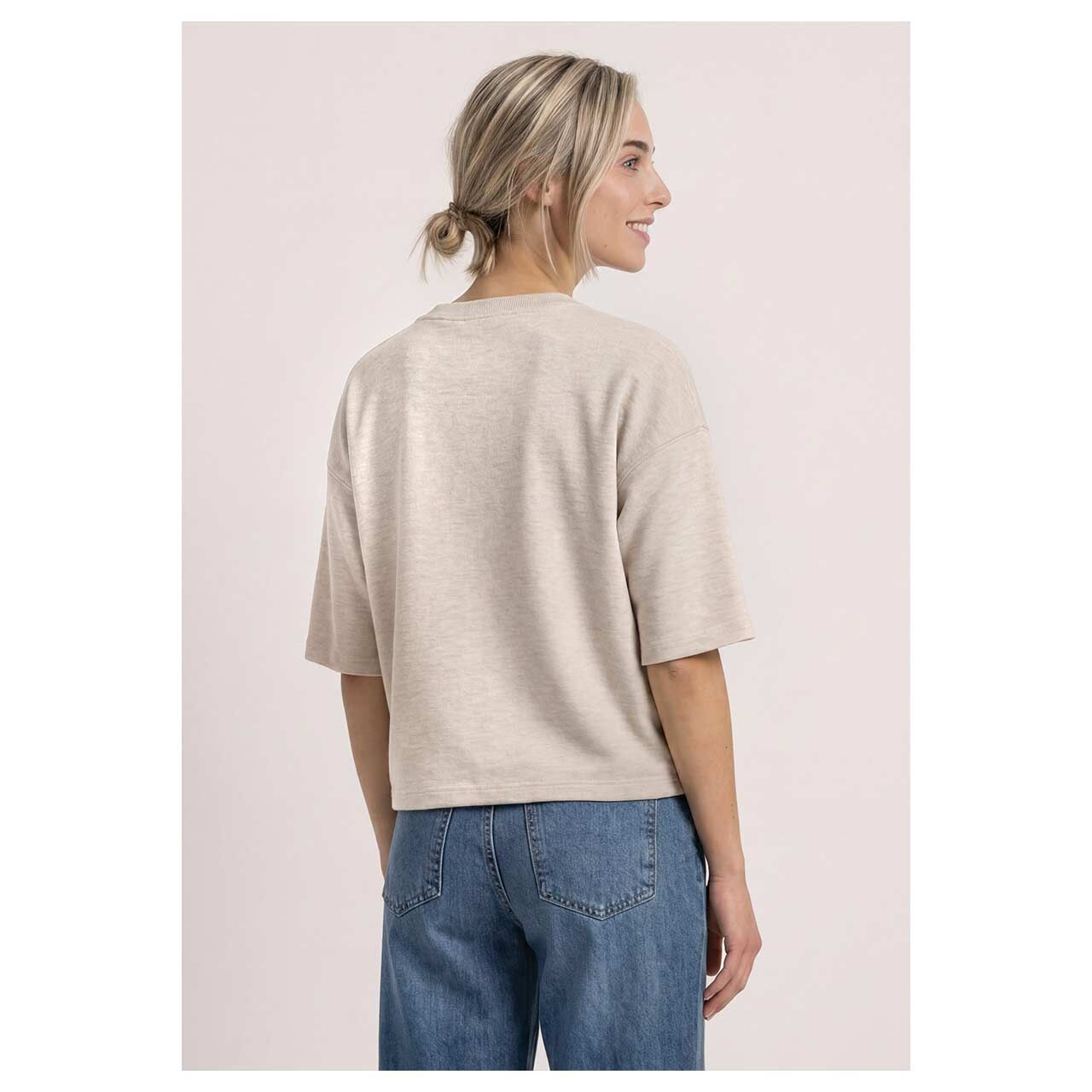 Damen Kurzarm Sweatshirt Short Boxy Crewneck von Street One in Beige meliert, Rückansicht am Model