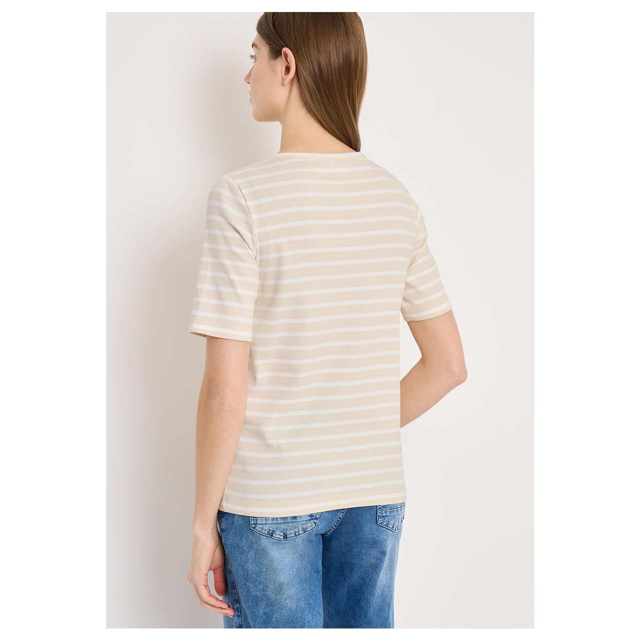 Damen T-Shirt Basic Stripe von Cecil in Beige gestreift, Rückansicht am Model