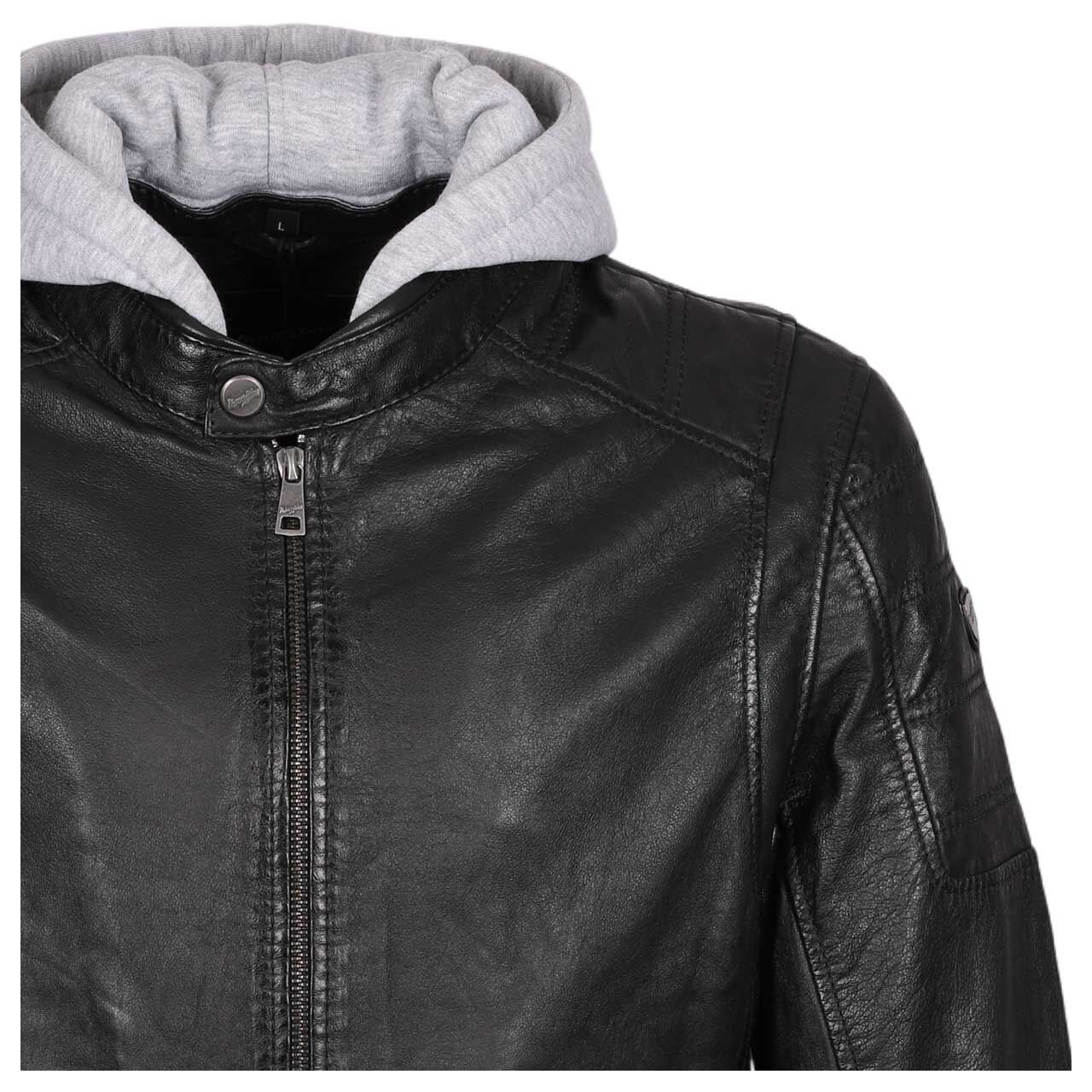 Detailansicht der Vorderseite der Herren Lederjacke Rylo Lakev von Mauritius in Schwarz