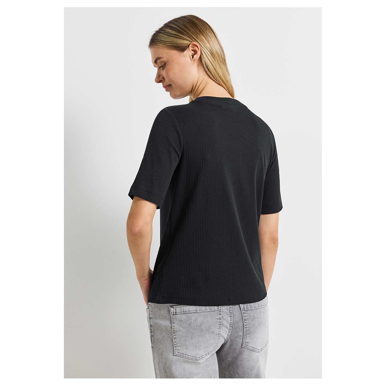 Damen T-Shirt Rib Turtle Neck von Street One in Schwarz, Rückansicht am Model
