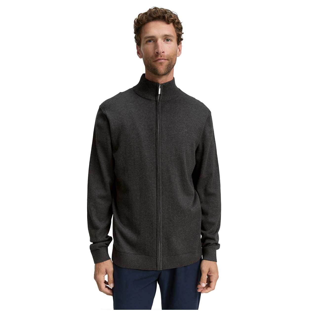 Herren Strickjacke Basic Knit Jacket von Tom Tailor in Dunkelgrau meliert, Vorderansicht am Model