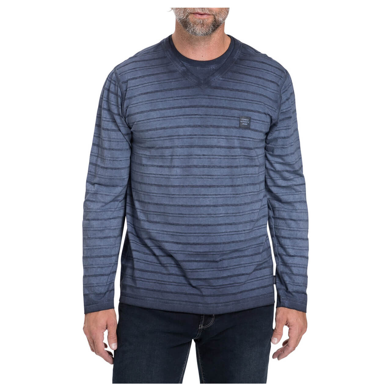Pioneer Herren Langarm Shirt blue washed stripes