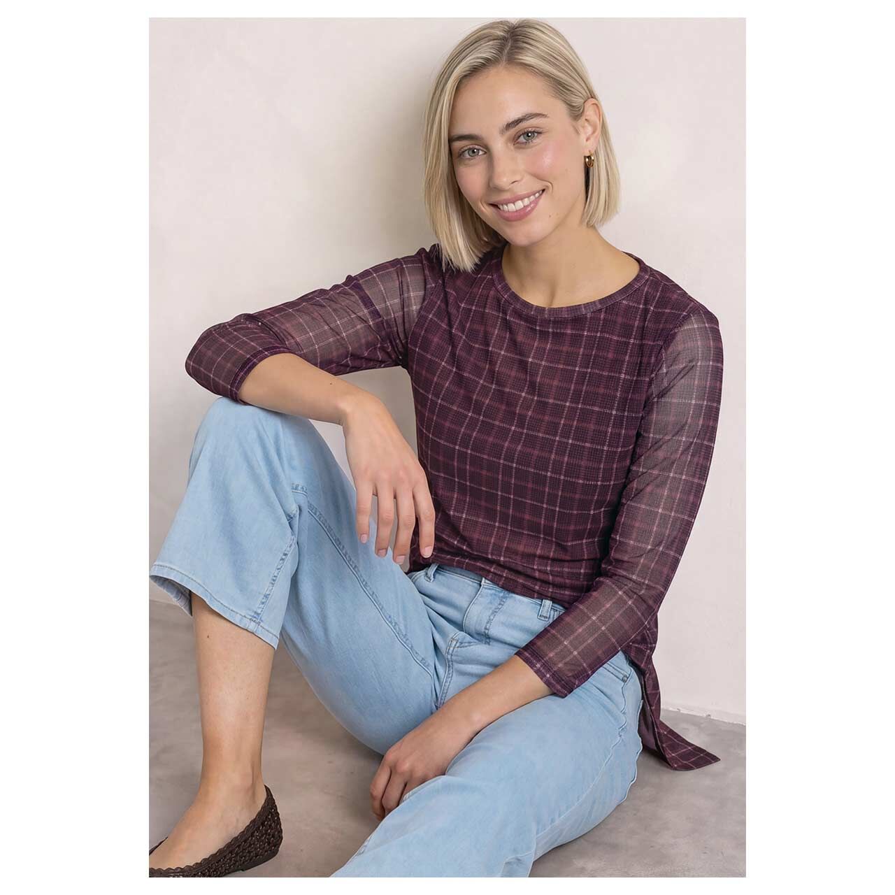 Damen 3/4 Arm Shirt Printed Mesh von Street One in Lila mit Print, Vorderansicht am Model