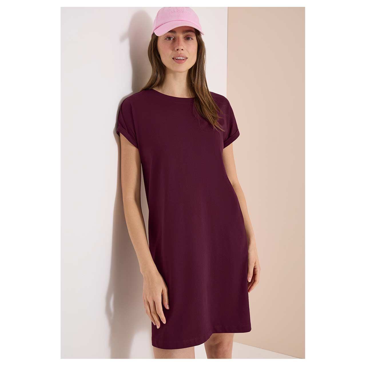 Damen Kurzarm Kleid Solid Jersey Dress von Cecil in Weinrot, Vorderansicht am Model