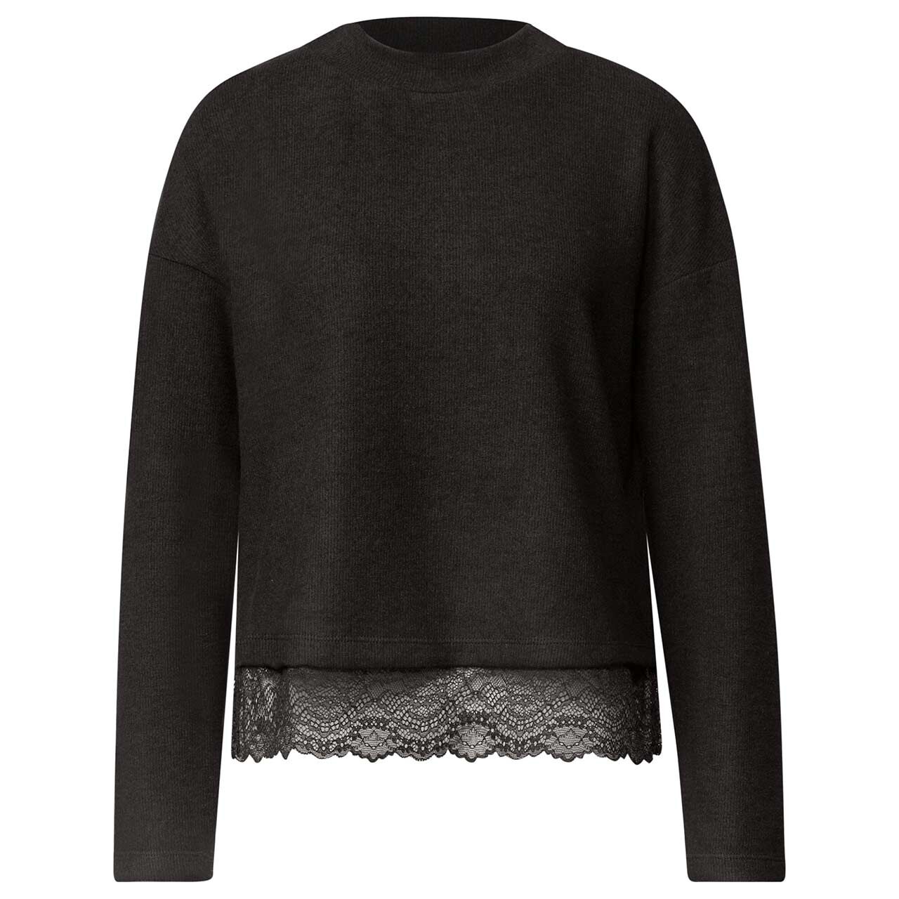 Street One Damen Langarm Shirt Soft Lace Bottom black coffee melange