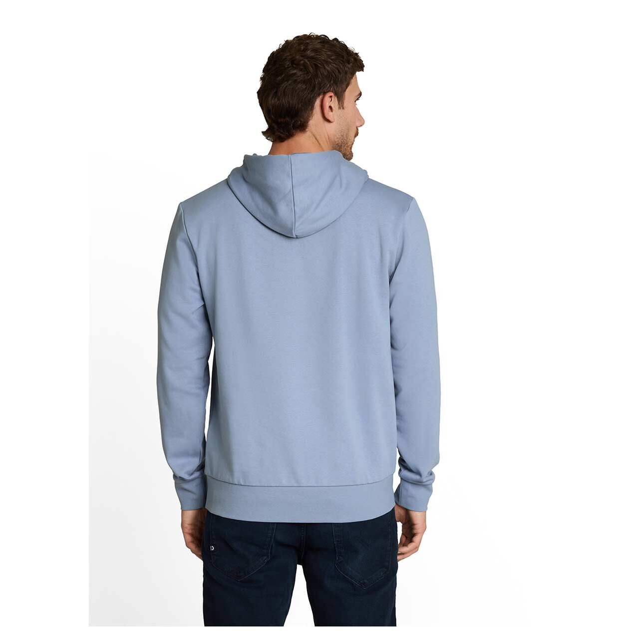 Herren Hoodie Sweatshirt von Tom Tailor in Hellblau mit Print, Rückansicht am Model