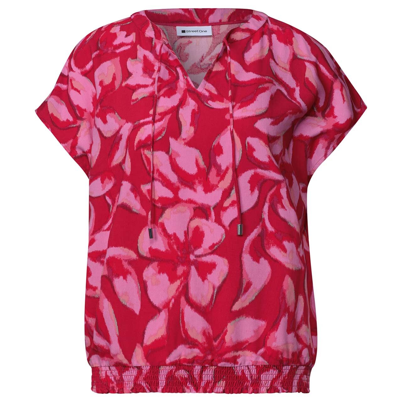 Street One Damen Kurzarm Bluse Splitneck Smokdetail salsa red