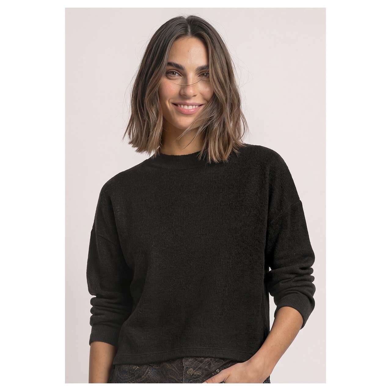 Damen Langarm Shirt Soft Lace Bottom von Street One in Dunkelbraun meliert, weitere Vorderansicht am Model