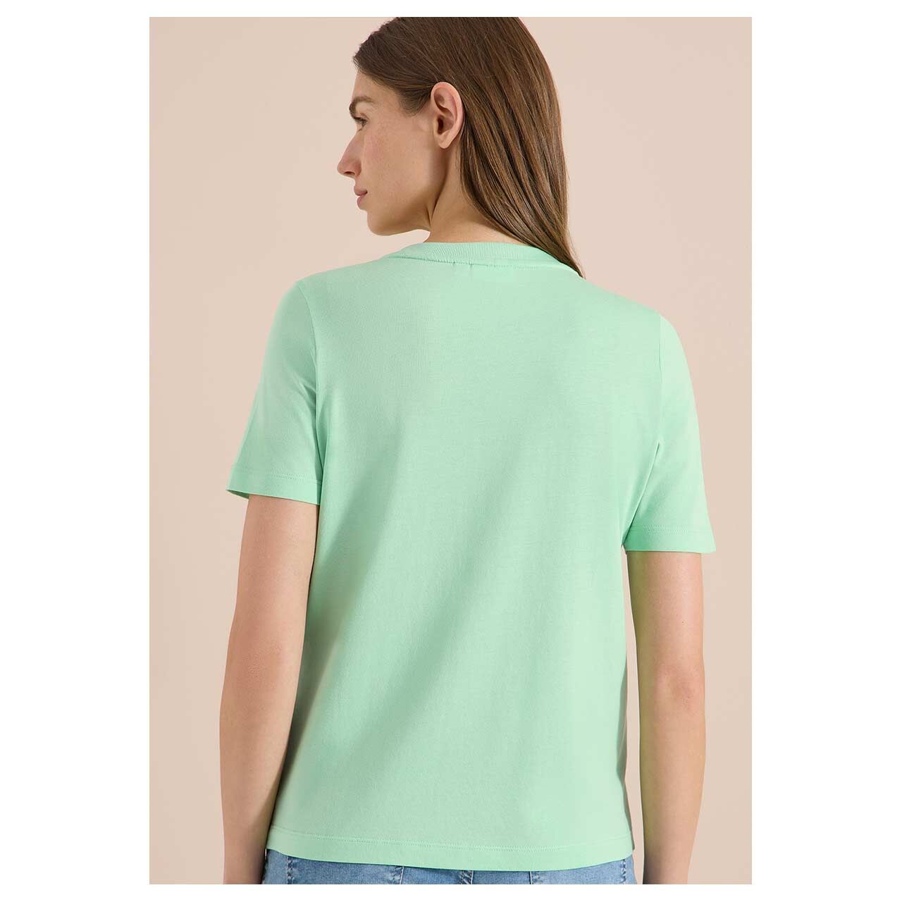Damen T-Shirt Leaves Print von Cecil in Hellgrün mit Print, Rückansicht am Model